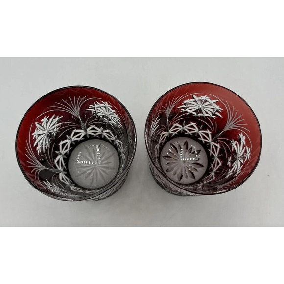 2 Bohemian AJKA Crystal Ruby Red Etched Glasses Snowflake Winter Holiday RARE - Picture 10 of 13